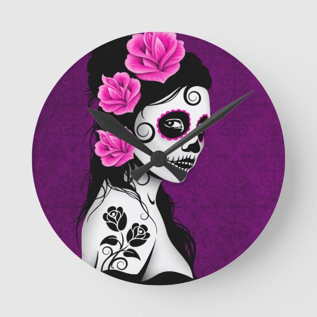Day of the dead Sugar Skull Girl - lila Rund Klocka (Framsida)