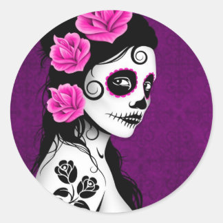 Day of the dead Sugar Skull Girl - lila Runt Klistermärke