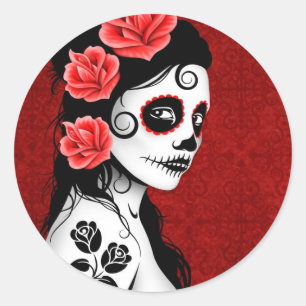 Day of the dead Sugar Skull Girl - Red Runt Klistermärke