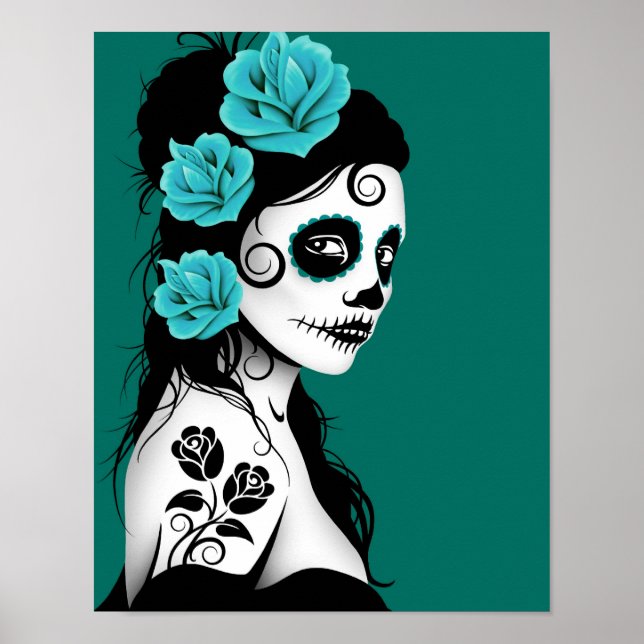 Day of the dead Sugar Skull Girl - Teal Blue Poster (Framsidan)