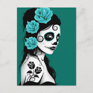 Day of the dead Sugar Skull Girl - Teal Blue Vykort