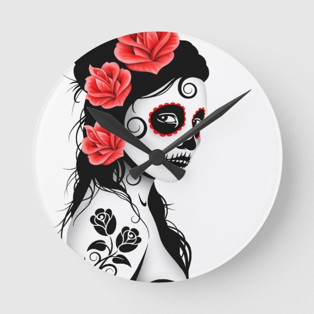Day of the dead Sugar Skull Girl - white Rund Klocka (Framsida)