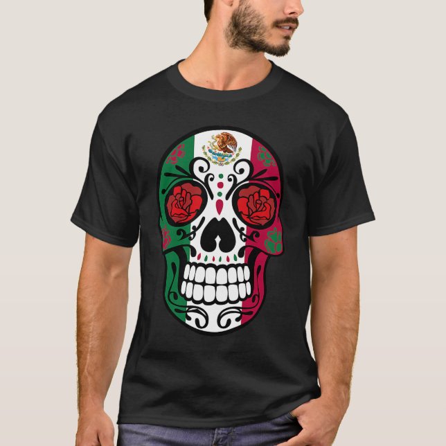 Day Of The Dead Sugar Skull Halloween Mexican Flag T Shirt (Framsida)