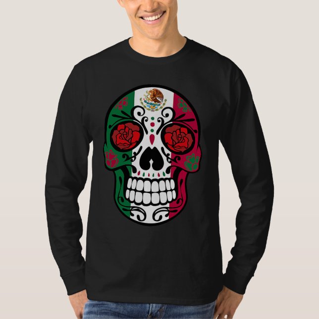 Day Of The Dead Sugar Skull Halloween Mexican Flag T Shirt (Framsida)