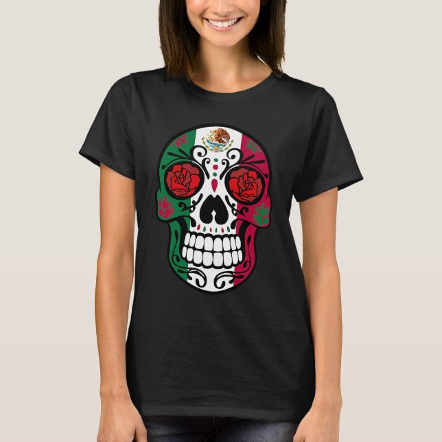 Day Of The Dead Sugar Skull Halloween Mexican Flag T Shirt (Framsida)