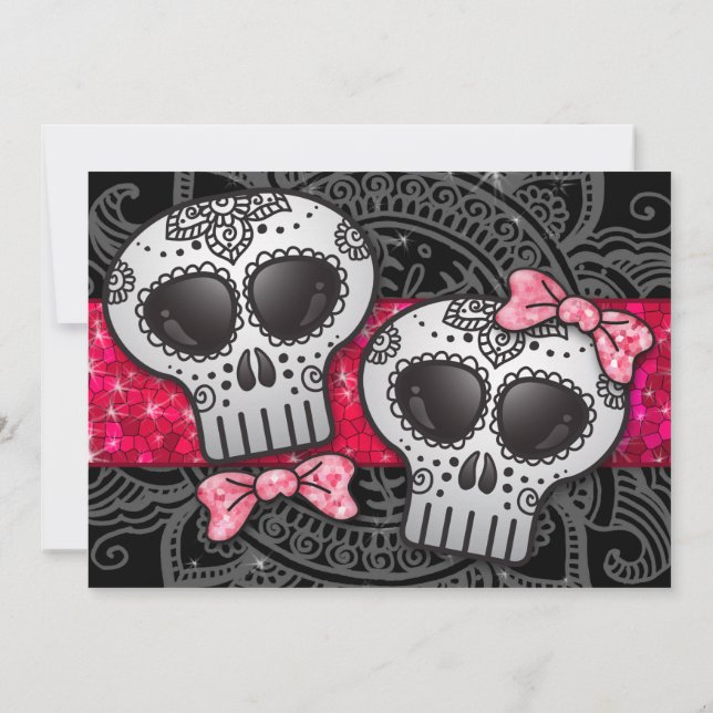 Day of the dead Sugar Skull HBT Bröllop Glitter Inbjudningar (Baksida)