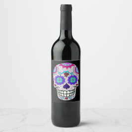 Day of the dead Sugar Skull Lila blommor Vinflaska Etikett