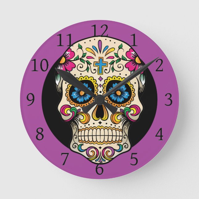 Day of the dead Sugar Skull med Kor Rund Klocka (Framsida)