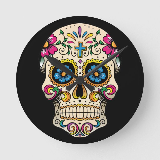 Day of the dead Sugar Skull med Kor Rund Klocka (Framsida)