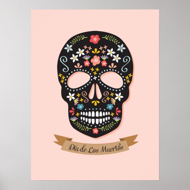 Day of the dead Sugar Skull poster - svart rosa (Framsidan)
