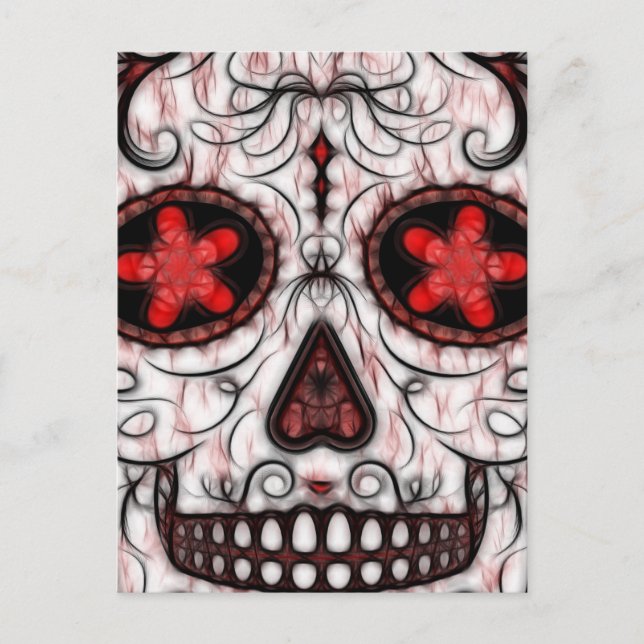 day of the dead Sugar Skull - Red & Black Fractal Vykort (Framsida)