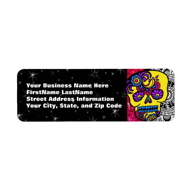 Day of the dead Sugar Skull Returadress Glitter Returadress Etikett (Framsidan)