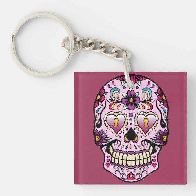 Day of the dead Sugar Skull Rosa Keychain (Framsidan)