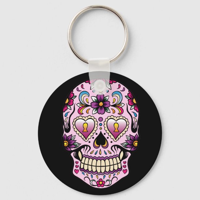 Day of the dead Sugar Skull Rosa Keychain Nyckelring (Framsida)