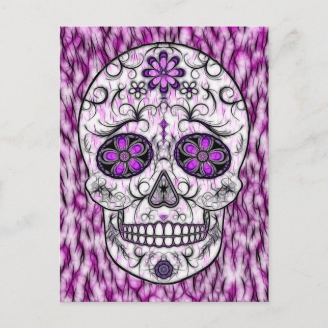 Day of the dead Sugar Skull - Rosa och Lila 1.0 Vykort (Framsida)