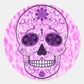 Day of the dead Sugar Skull - Rosa och Lila Runt Klistermärke