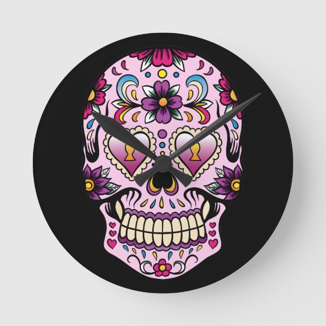 day of the dead Sugar Skull Rosa Rund Klocka (Framsida)