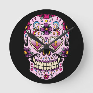 day of the dead Sugar Skull Rosa Rund Klocka