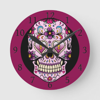 Day of the dead Sugar Skull Rosa Rund Klocka