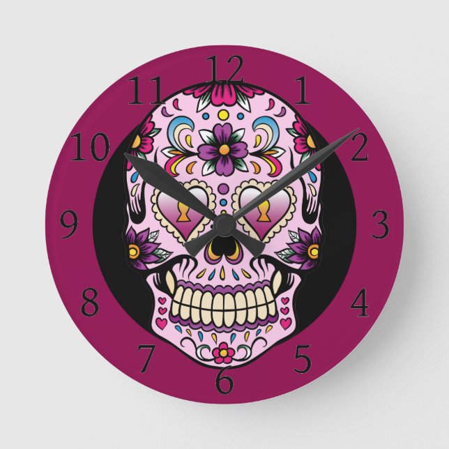 Day of the dead Sugar Skull Rosa Rund Klocka (Framsida)