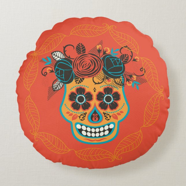 Day of the dead Sugar Skull Rund Kudde (Framsidan)
