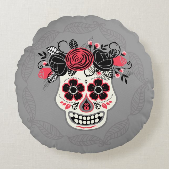 Day of the dead Sugar Skull Rund Kudde (Framsidan)