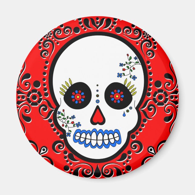 Day of the dead Sugar Skull - Vitt och rött Magnet (Framsidan)
