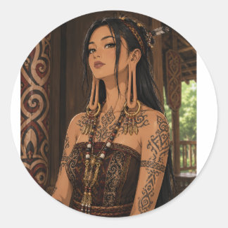 DAYAK LÅNG ÖRhänge KVINNA TRIBAL TATTOOERING KONST Runt Klistermärke
