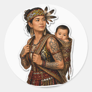 DAYAK MAMMA OCH BABY STAM BORNEO KONST RUNT KLISTERMÄRKE