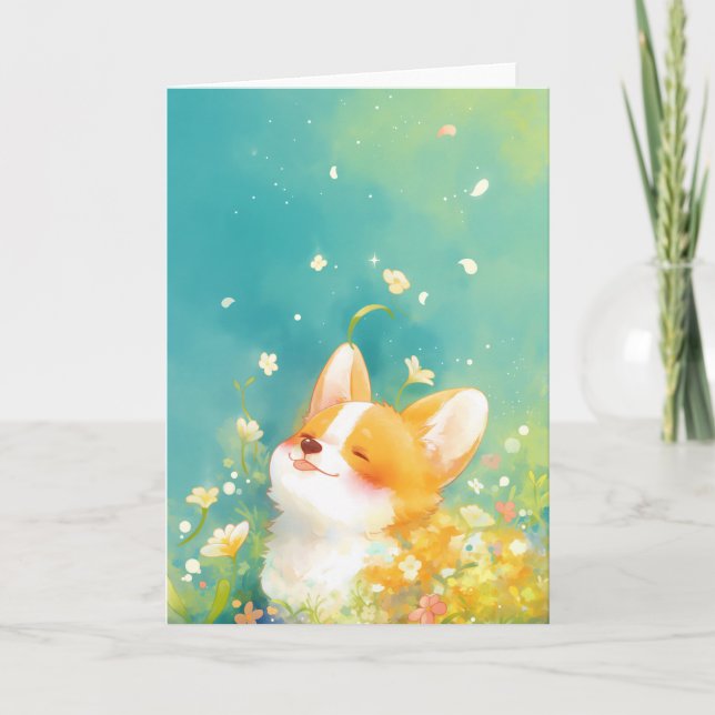 Daydreaming Corgi Surroround by Flowers Kort (Framsida)