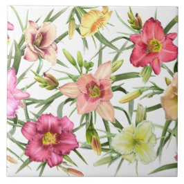 Daylilies över hela Blommigten Botaniskt konstverk Kakelplatta