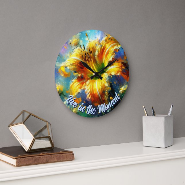 Daylily Daylilies Flower Yellow Teal Personalized Stor Klocka (Kontor)