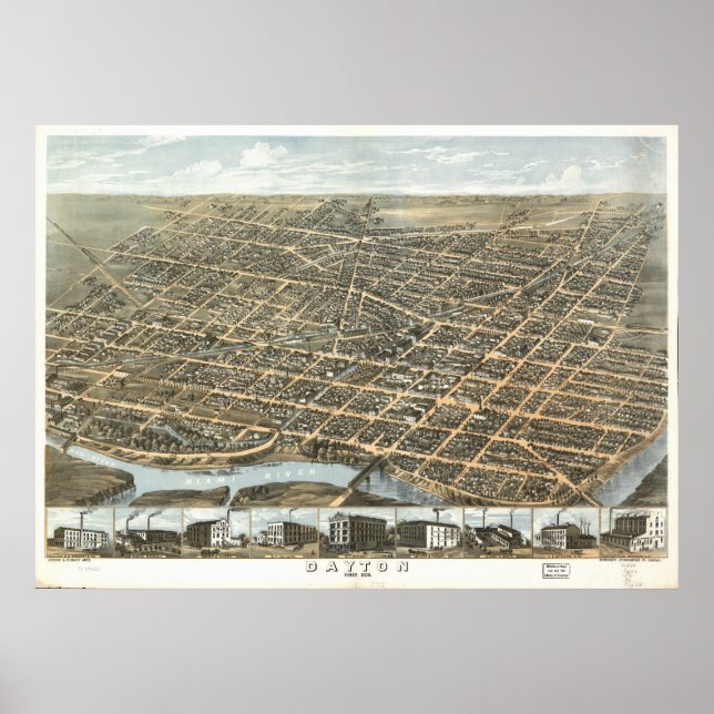 Dayton Ohio 1870 Antique Panoramic Karta Poster (Framsidan)