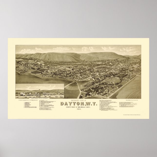 Dayton, WA Panoramic Karta - 1884 Poster (Framsidan)