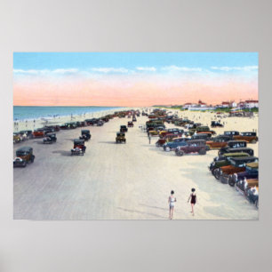 Daytona Beach Florida Beach Scene med Vintage bil Poster