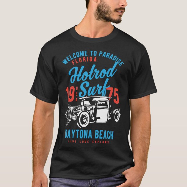 Daytona Beach Florida Retro Hotrod Surf  7 T Shirt (Framsida)