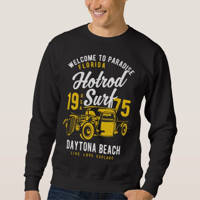 Daytona Beach Florida Retro Hotrod Surf Distressed Lång Ärmad Tröja (Framsida)