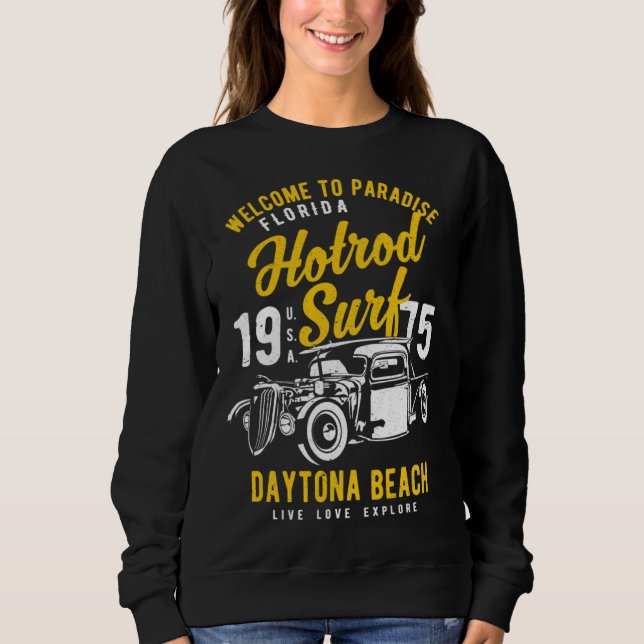 Daytona Beach Florida Retro Hotrod Surf Distressed T Shirt (Framsida)