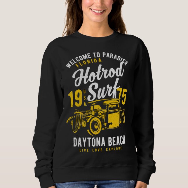 Daytona Beach Florida Retro Hotrod Surf Distressed T Shirt (Framsida)