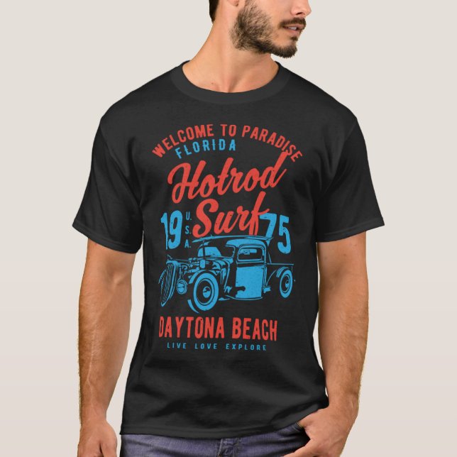 Daytona Beach Florida Retro Hotrod Surf Distressed T Shirt (Framsida)