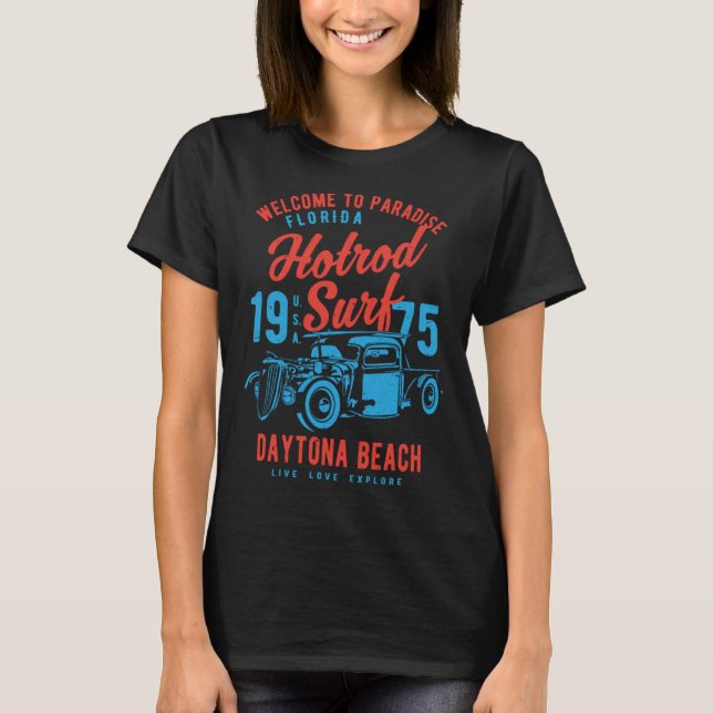 Daytona Beach Florida Retro Hotrod Surfa Distress T Shirt (Framsida)
