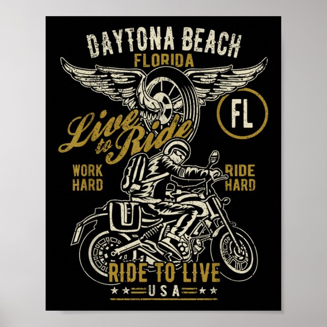Daytona Beach Florida Usa Motorcycle Distress De Poster (Framsidan)