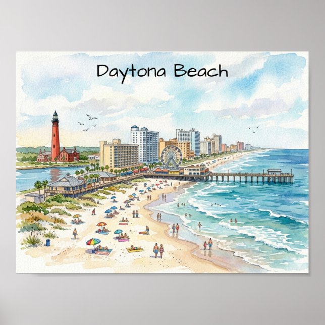Daytona Beach Kustcharm Vattenfärgskonst Poster (Framsidan)