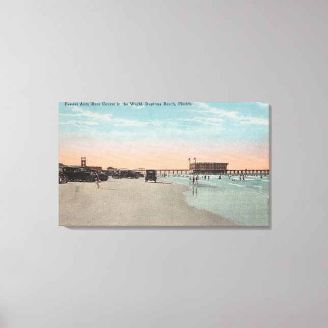 Daytona, FL - View of Beach with Cars & Canvastryck (Framsida)
