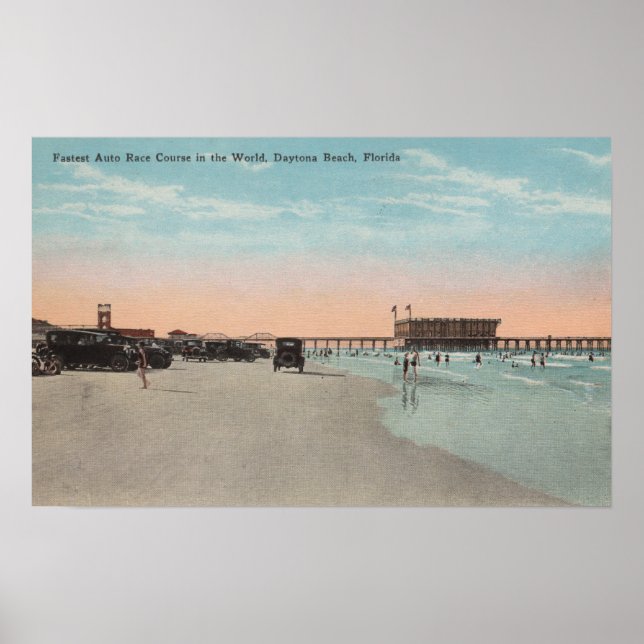 Daytona, FL - View of Beach with Cars & Poster (Framsidan)