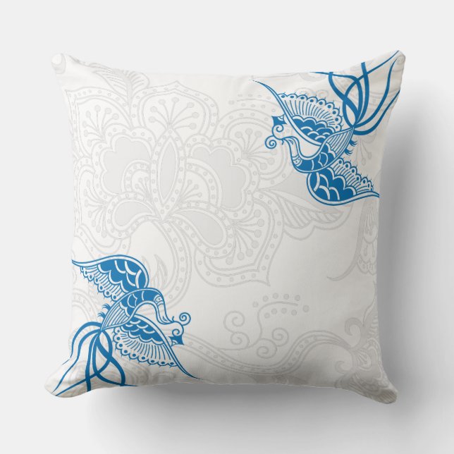 Dazzling Blue Bird & Blommönster Pillow Kudde (Framsida)