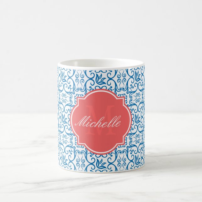 Dazzling Blue Damask Monogram Mugg (Center)