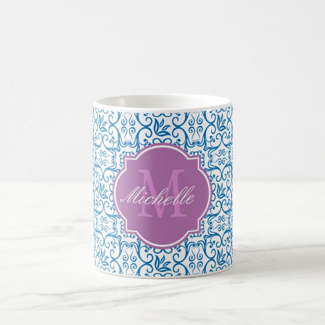 Dazzling Blue Damask Monogram Mugg (Center)