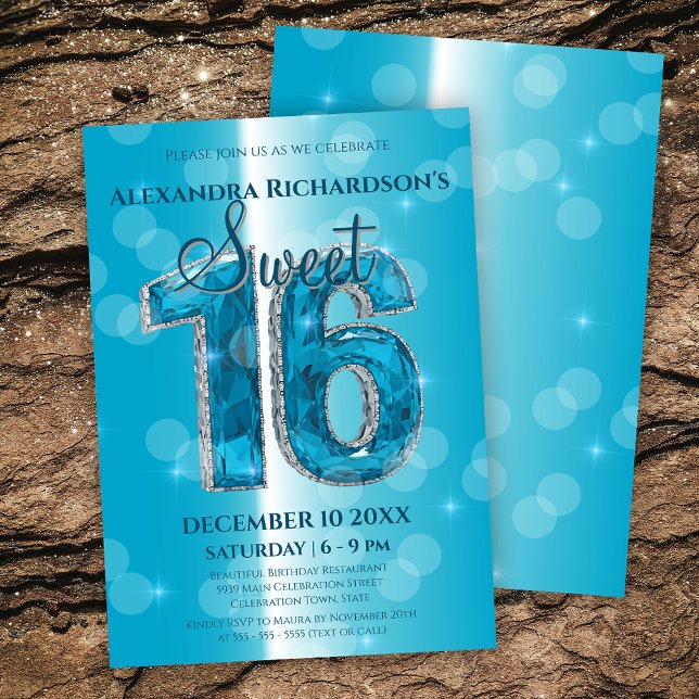 Dazzling Blue Gemstone Sweet 16 Firande Inbjudningar (Skapare uppladdad)