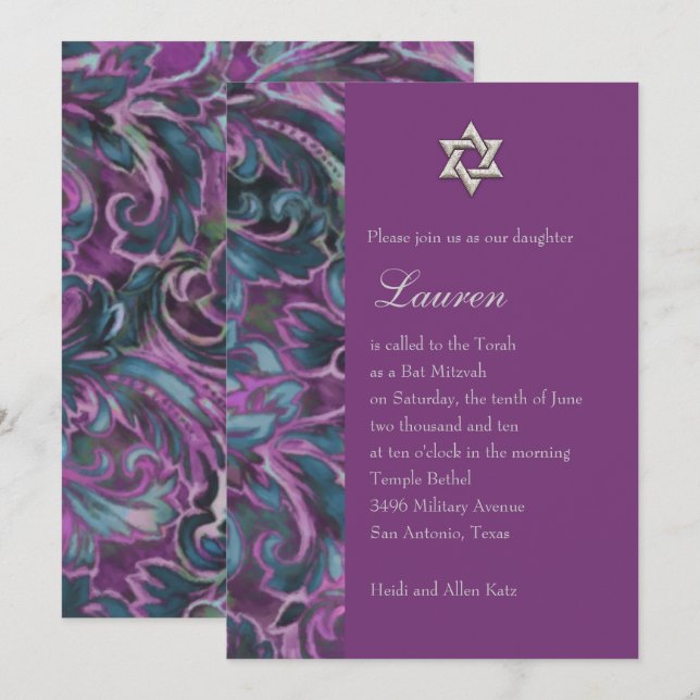 Dazzling Damask Lila and Teal Inbjudningar (Fram/baksida)
